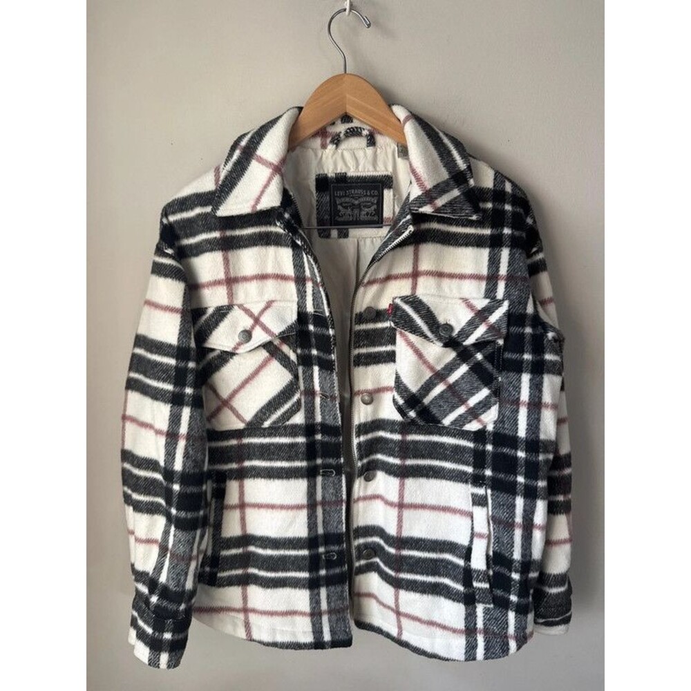 Levi's Ex-Boyfriend Plaid Sherpa Trucker Jacket Cream Black Pink
